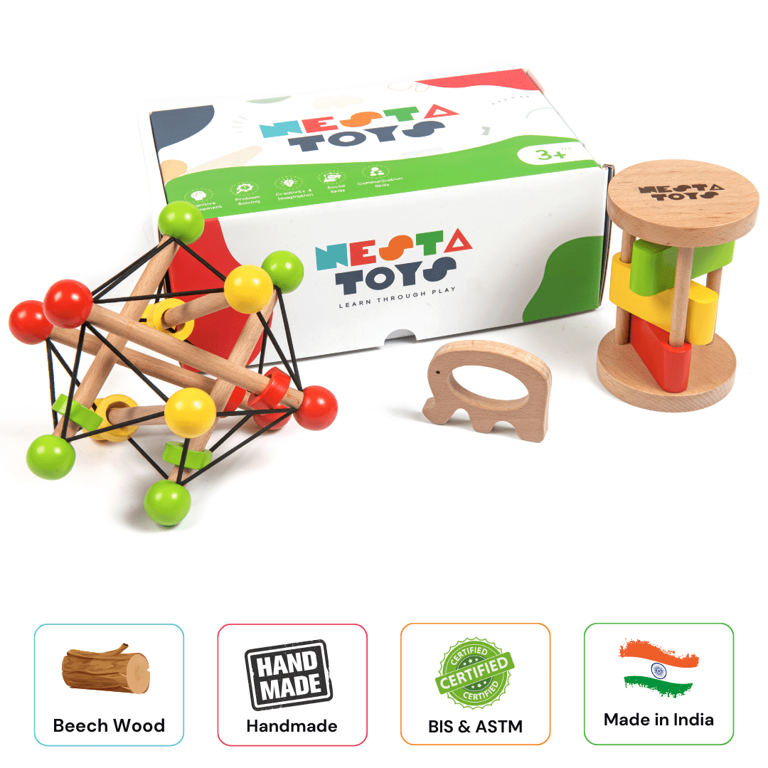 Newborn Gift Set – Wooden Skwish Rattle, Clacker Rattle & Elephant Teether - NESTA TOYS