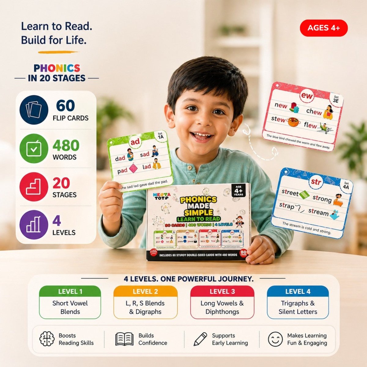 Phonics Flash Cards - Learn to Read in 20 Stages (60 cards, 490 Words) - NESTA TOYS