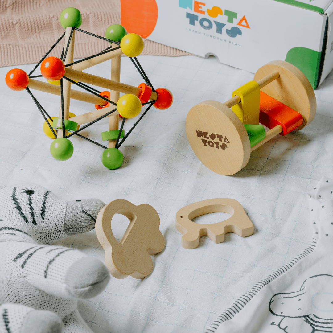 Newborn Gift Set – Skwish Rattle, Clacker Rattle & Wooden Teethers - NESTA TOYS