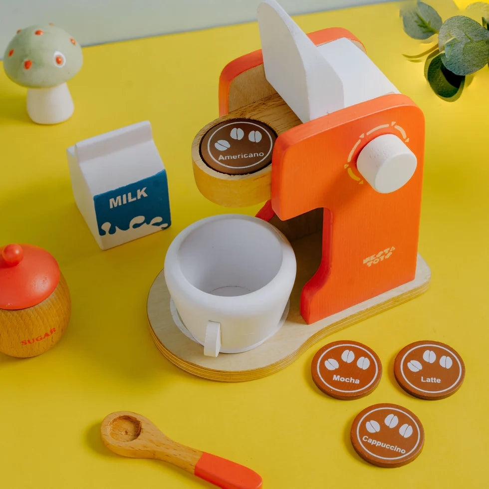NESTA TOYS Red Wooden Coffee Maker, safe role-playing toy with smooth edges and non-toxic colors for imaginative kitchen play