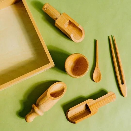 Sensory Wooden Bin Tools with Montessori Tray (7 Pcs) - NESTA TOYS