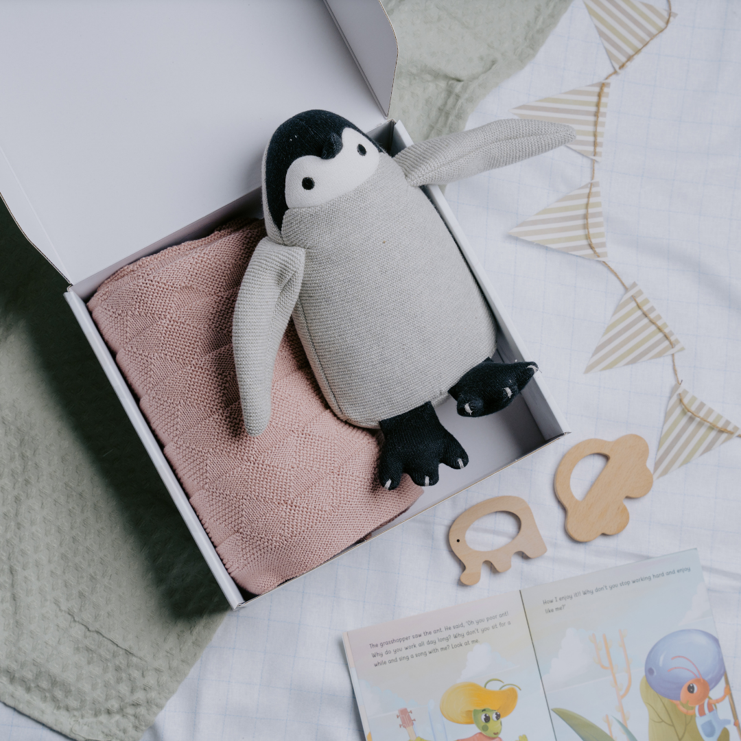 NESTA TOYS Newborn Gift Set – Swaddle, Penguin Plush Toy & Wooden Teethers - nestatoys