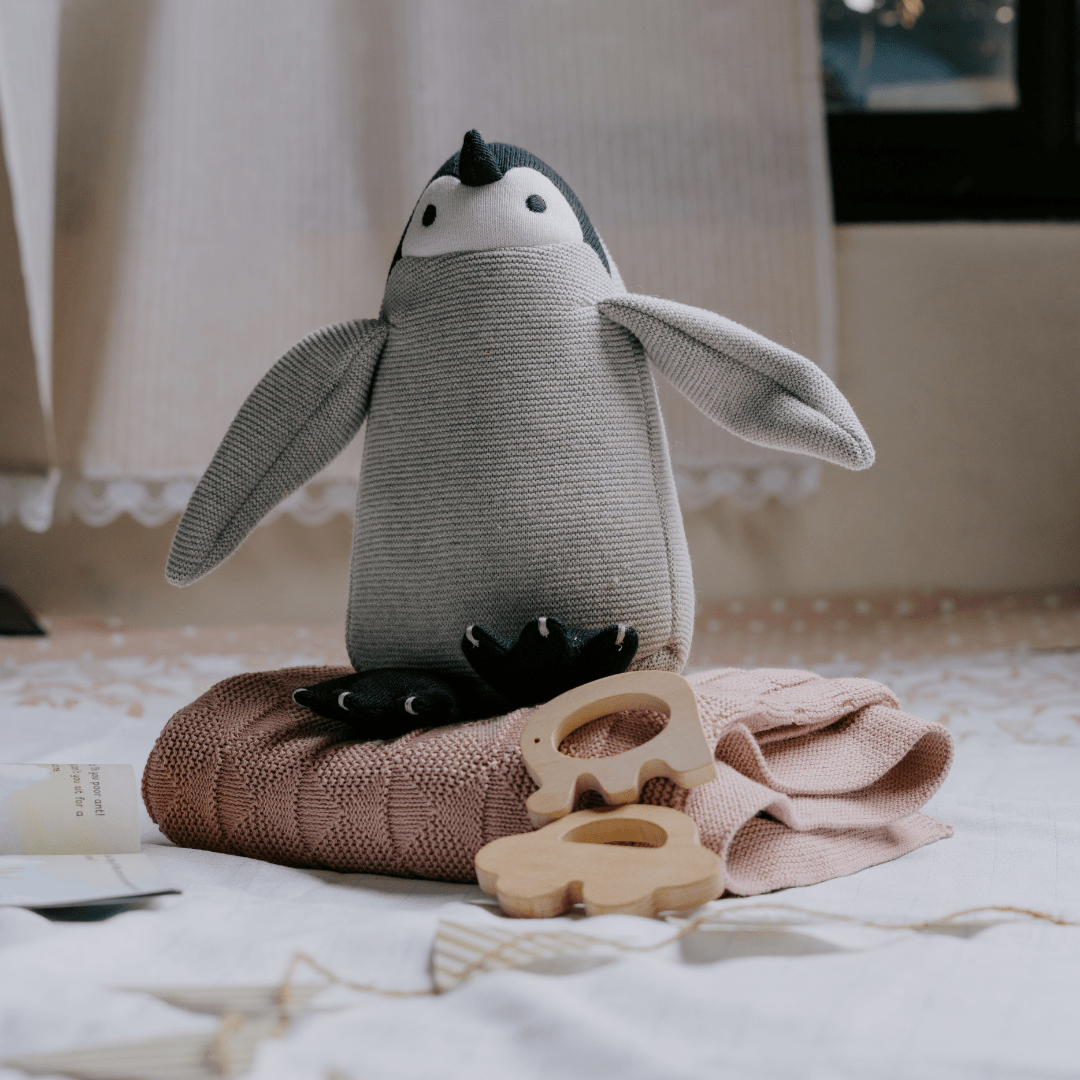 Newborn Gift Set – Swaddle, Penguin Plush Toy & Wooden Teethers - NESTA TOYS