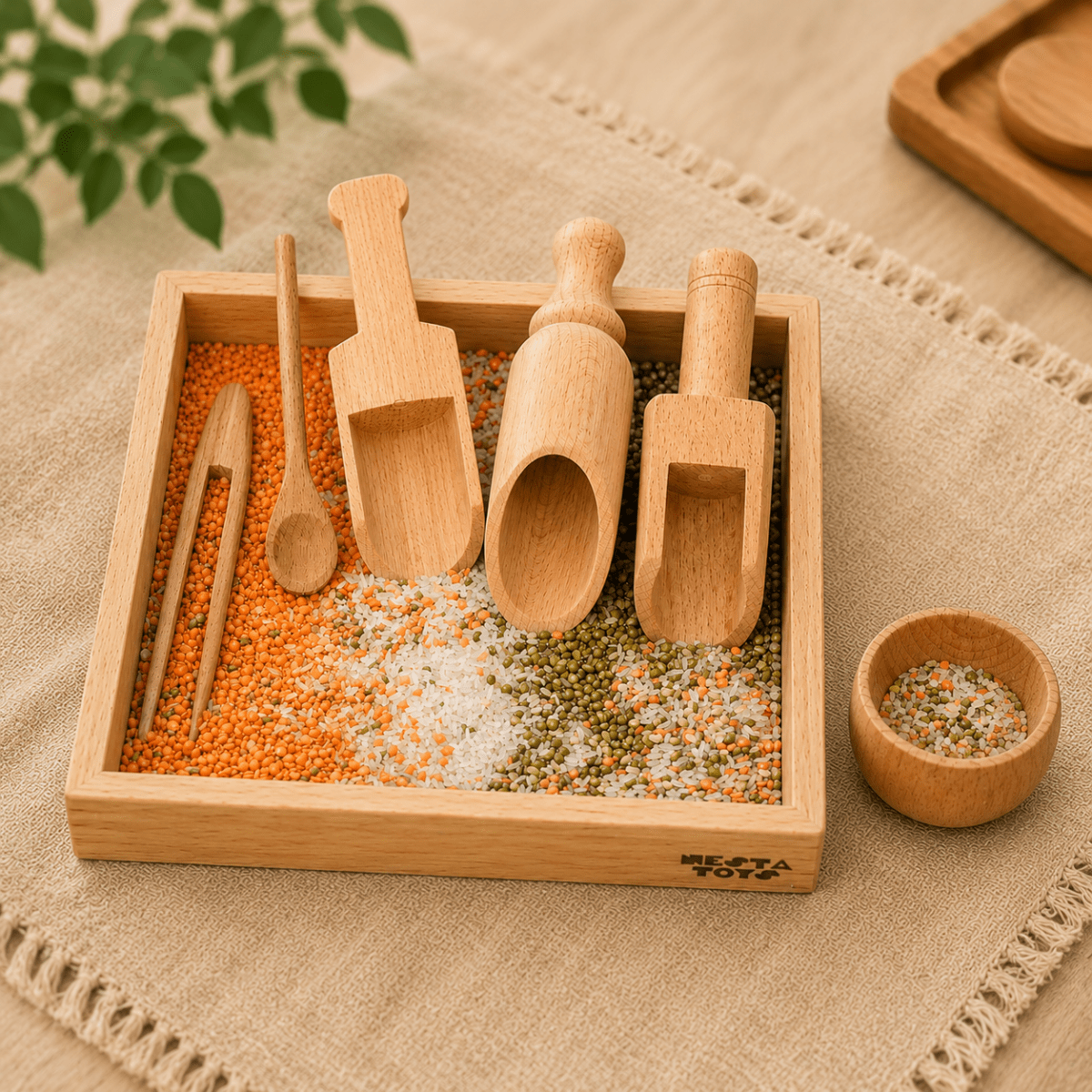 Sensory Wooden Bin Tools with Montessori Tray (7 Pcs) - NESTA TOYS