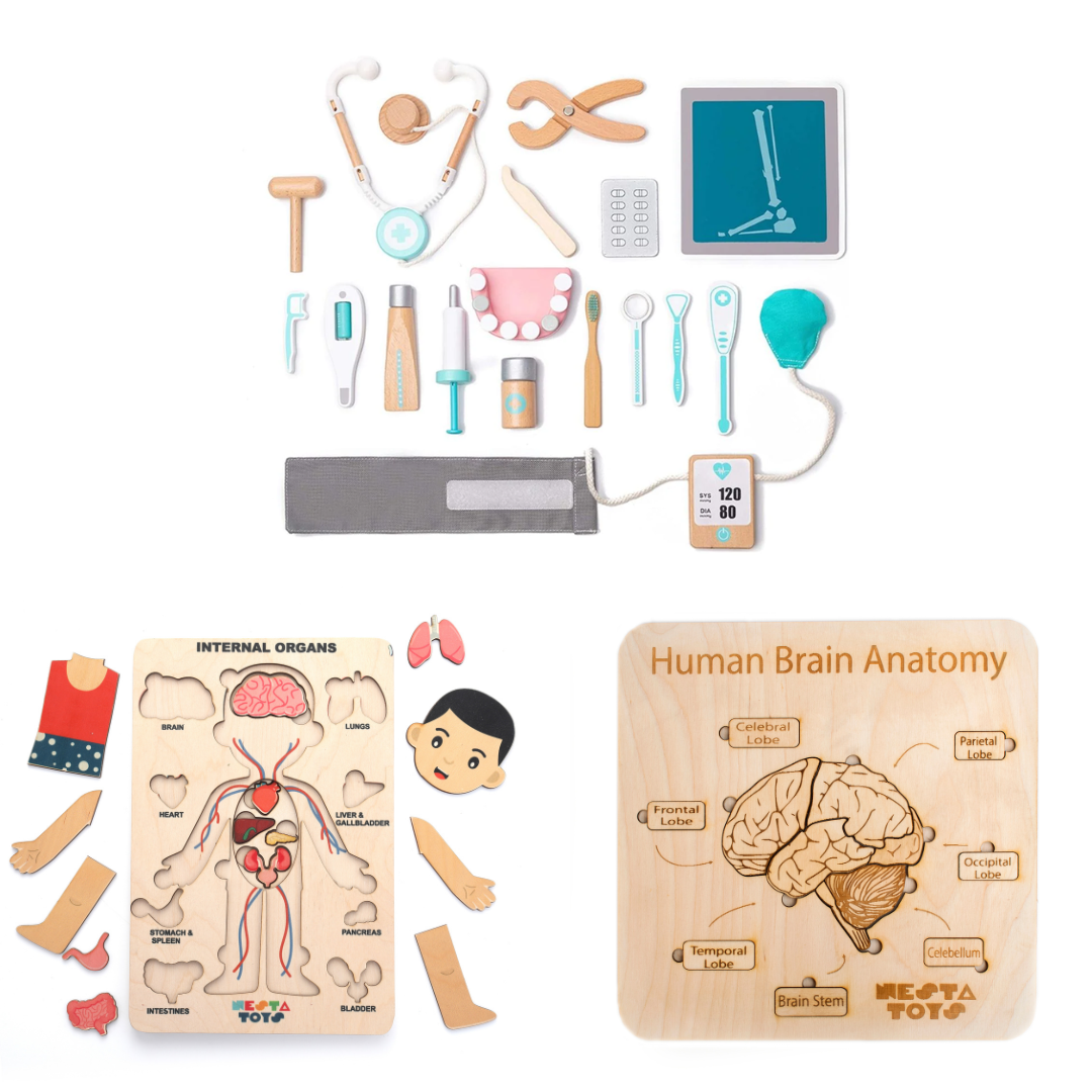 Wooden Doctor Set Toy - Pretend Play Toys & Puzzles Combo - nestatoys