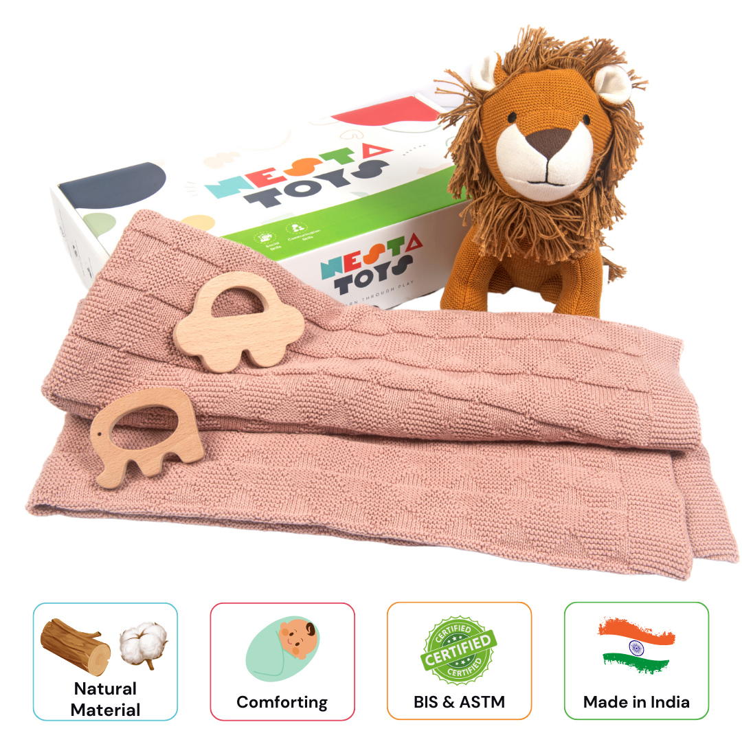 Newborn Gift Set – Swaddle, Lion Plush Toy & Wooden Teethers - nestatoys