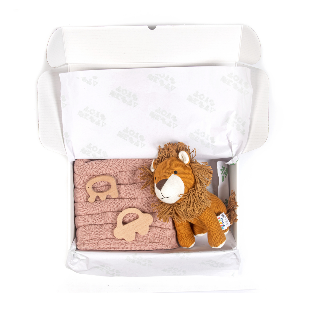 Newborn Gift Set – Swaddle, Lion Plush Toy & Wooden Teethers - nestatoys