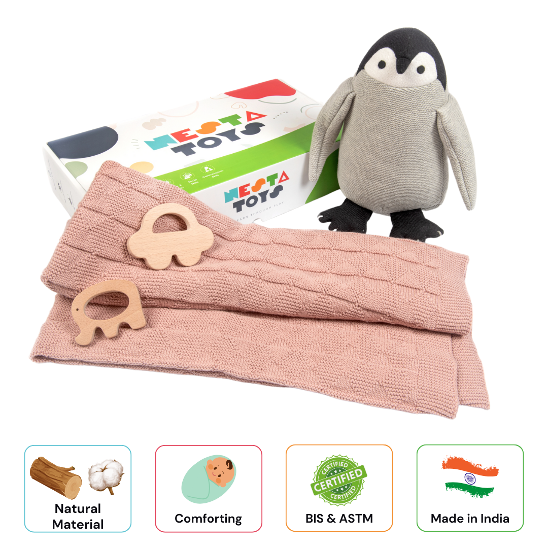 Newborn Gift Set – Swaddle, Penguin Plush Toy & Wooden Teethers - nestatoys