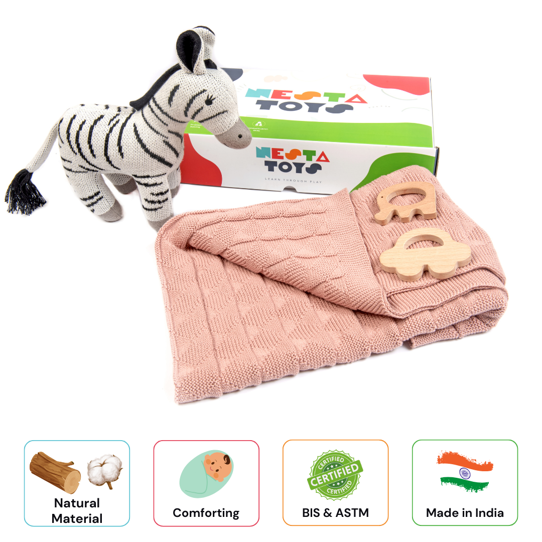 Newborn Gift Set – Swaddle, Zebra Plush Toy & Wooden Teethers - nestatoys