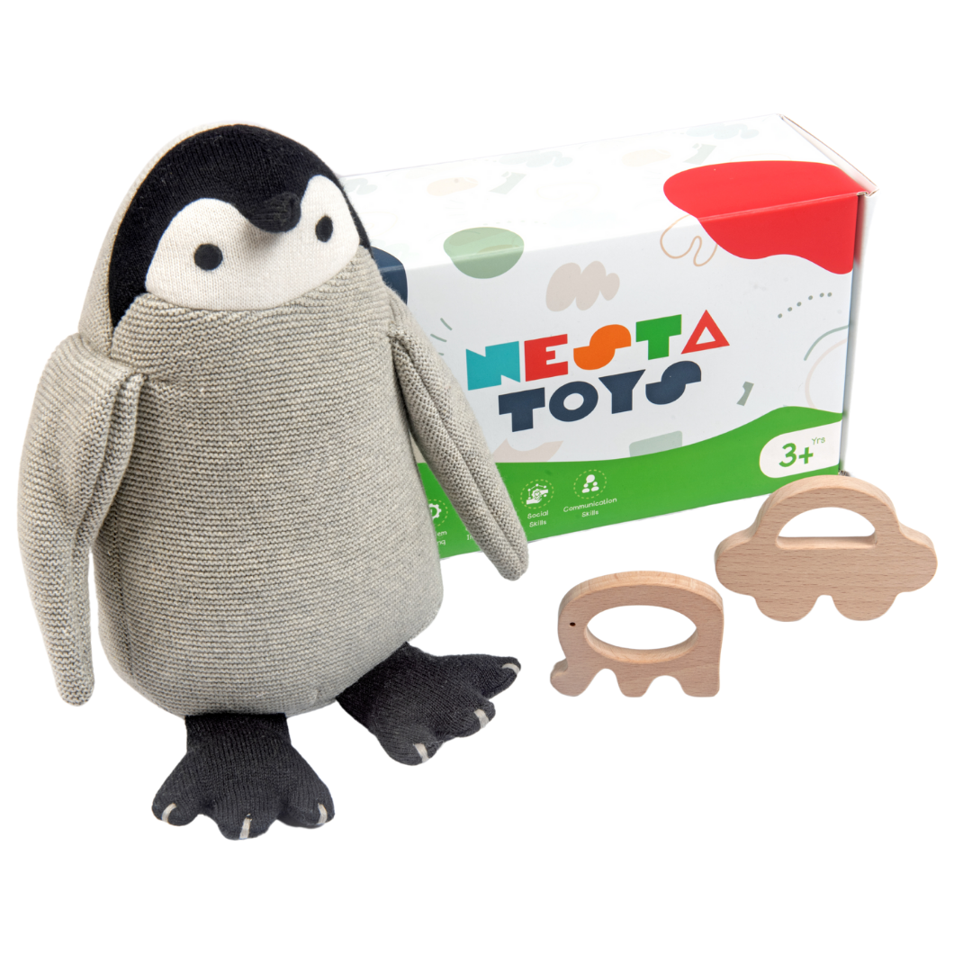 Newborn Gift Set - Penguin Plush Toy & Wooden Teethers - nestatoys