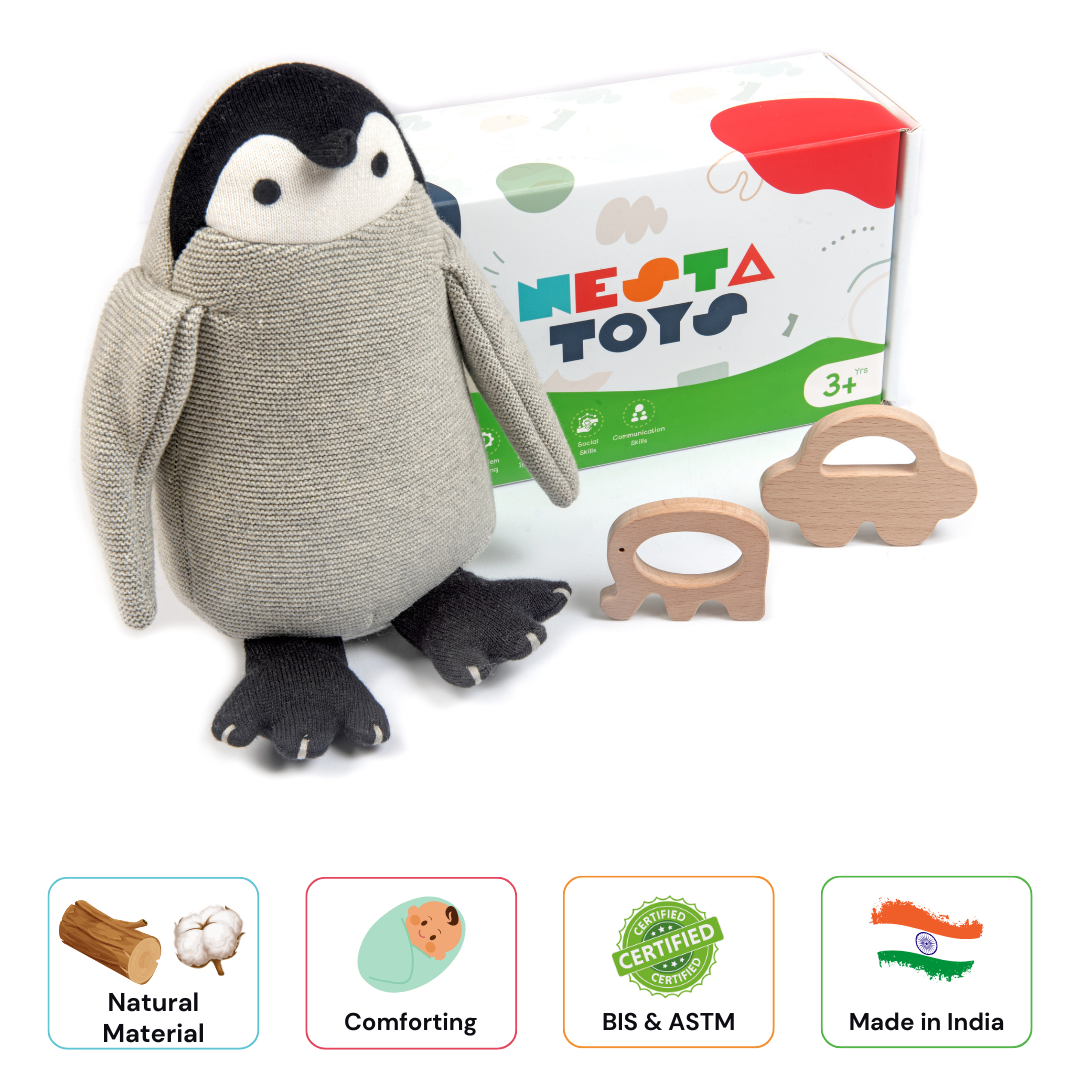 Newborn Gift Set - Penguin Plush Toy & Wooden Teethers - nestatoys