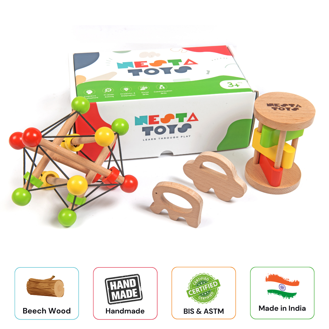 Newborn Gift Set – Skwish Rattle, Clacker Rattle & Wooden Teethers - nestatoys