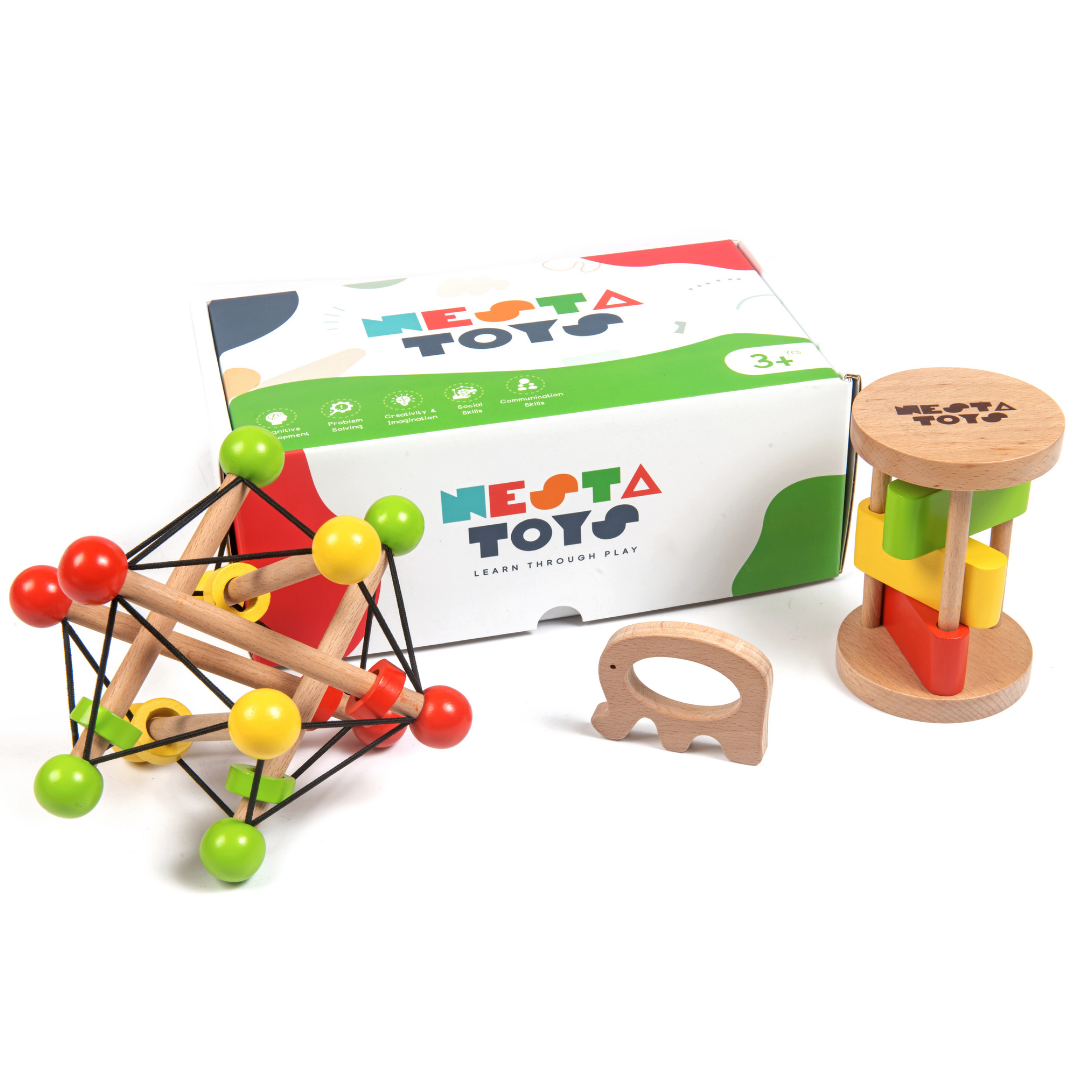 Newborn Gift Set – Wooden Skwish Rattle, Clacker Rattle & Elephant Teether - nestatoys