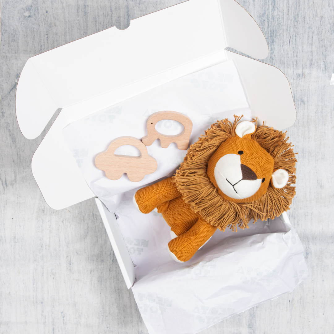 Newborn Gift Set - Lion Plush Toy, Wooden Elephant & Car Teether - nestatoys