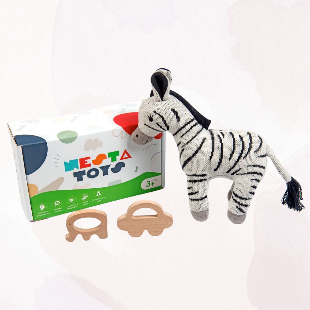 Newborn Gift Set - Zippy the Zebra, Wooden Elephant & Car Teether