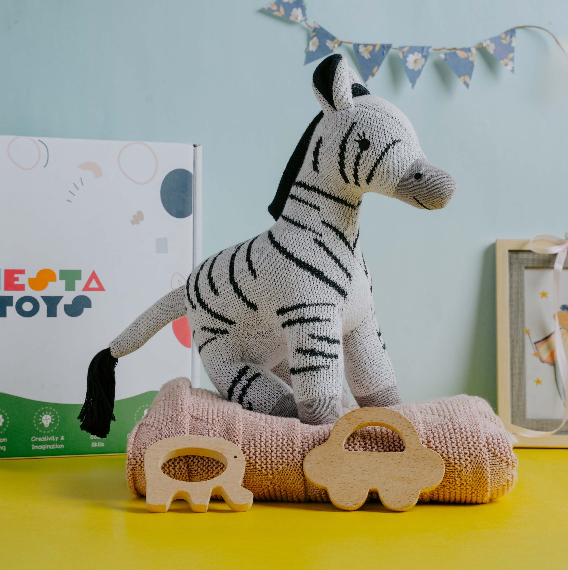 Newborn Gift Set – Swaddle, Zebra Plush Toy & Wooden Teethers - nestatoys