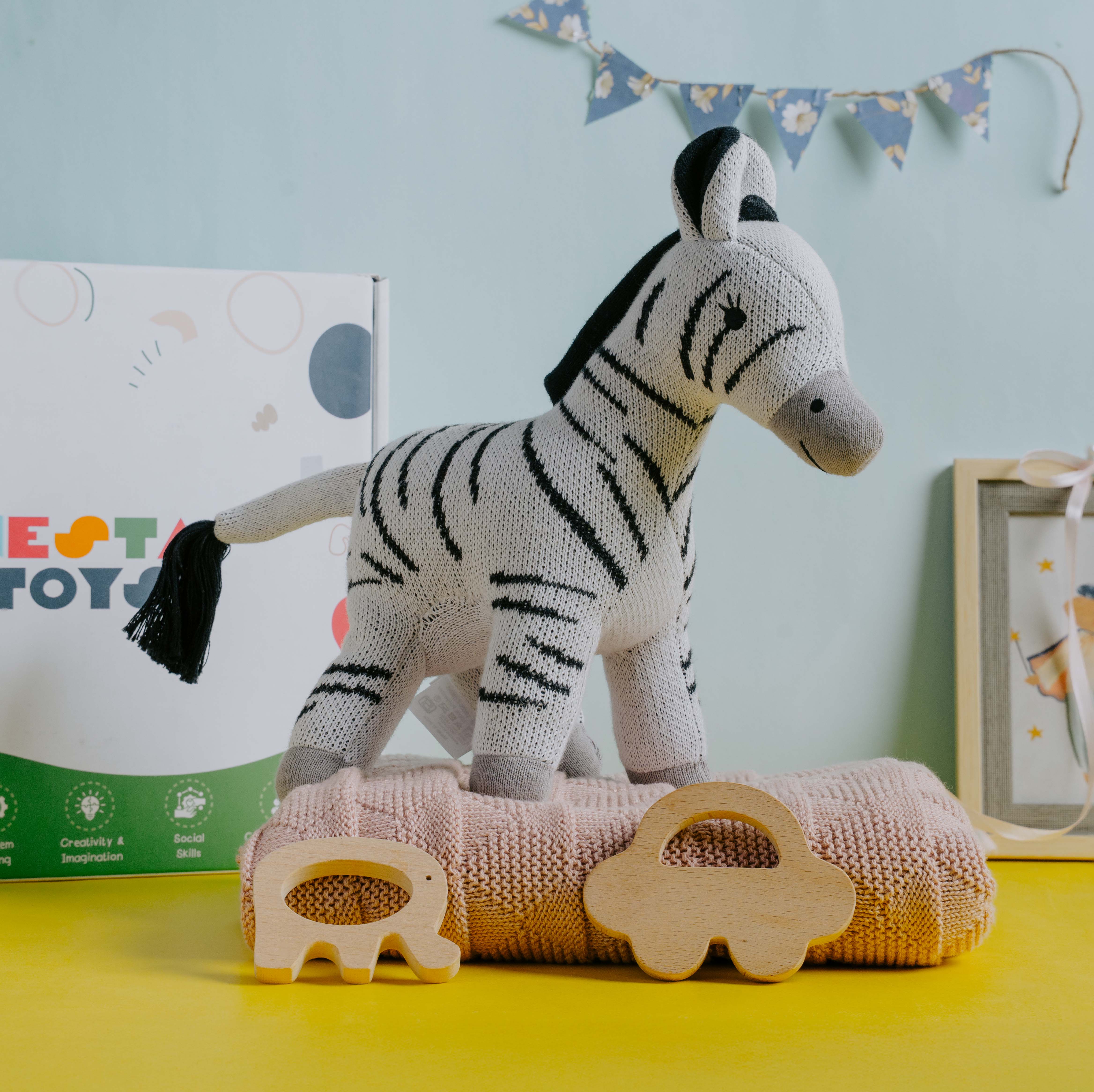Newborn Gift Set – Swaddle, Zebra Plush Toy & Wooden Teethers - nestatoys