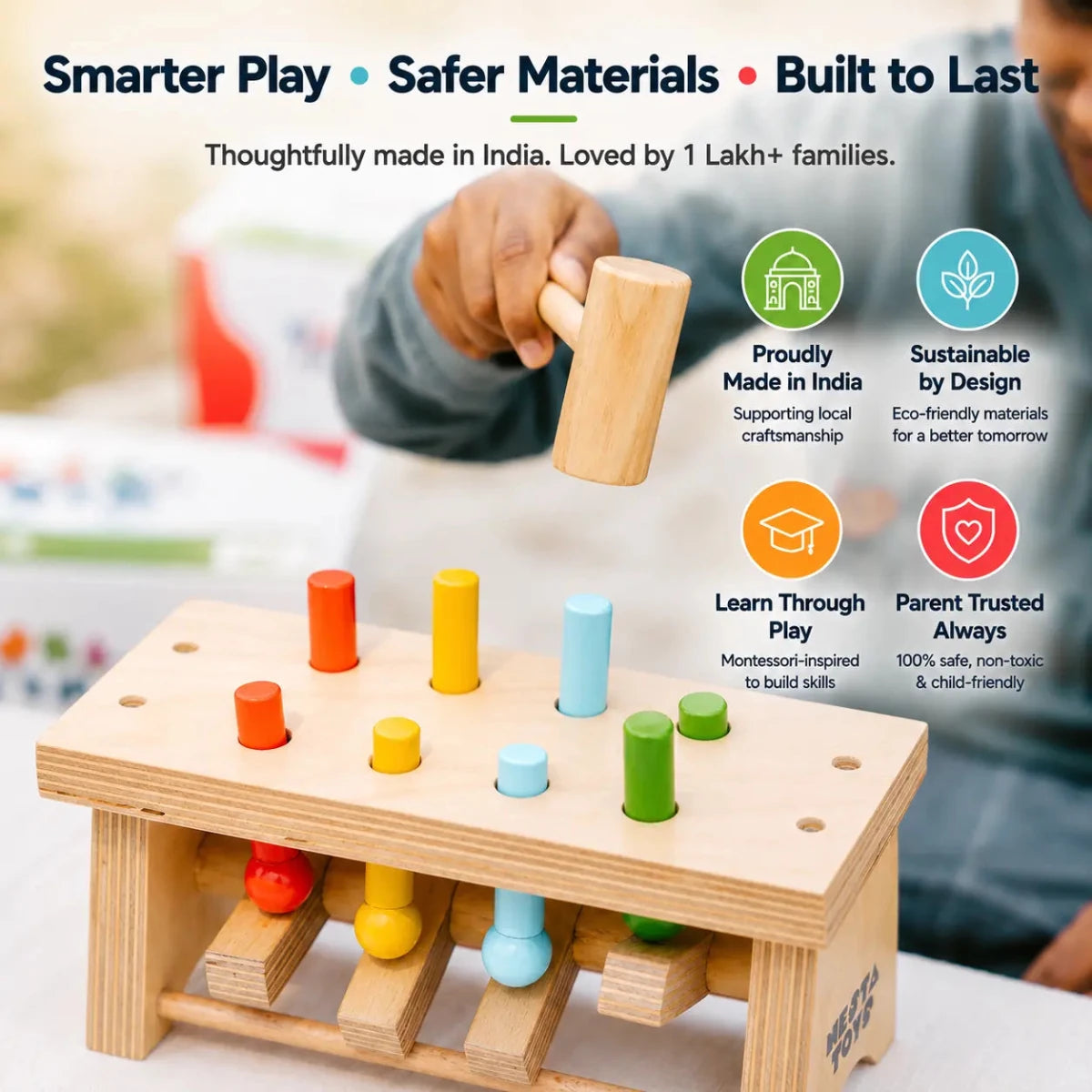Pounding Bench Wooden Toy with Hammer - NESTA TOYS
