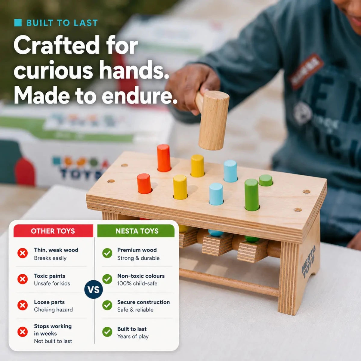 Pounding Bench Wooden Toy with Hammer - NESTA TOYS