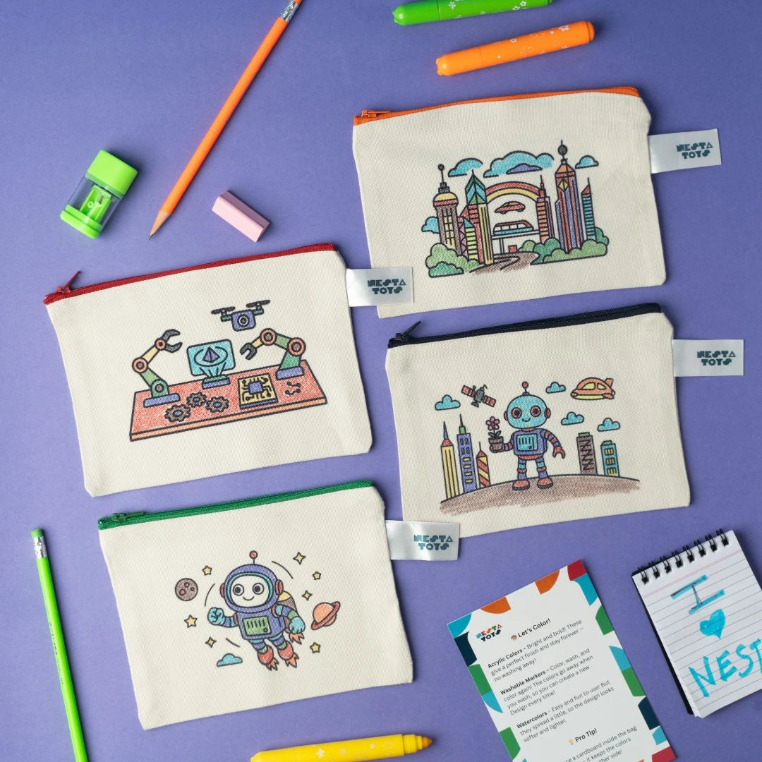 DIY Coloring Pouch for Kids | Robots & Future Tech Theme | Cotton Organizer Bag | NESTA TOYS