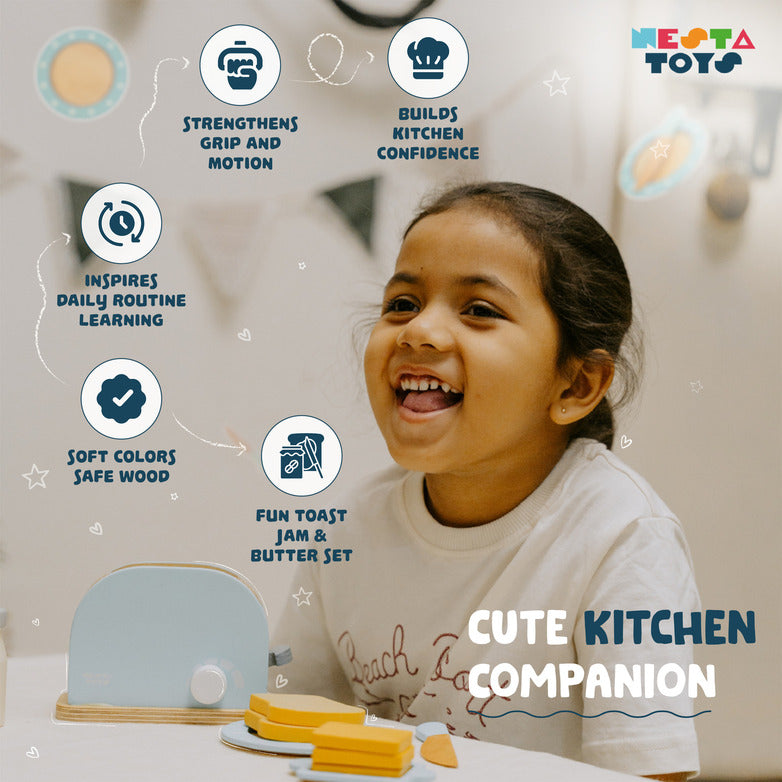 NESTA TOYS - Wooden Bread Pop-up Toaster (Blue) | Kitchen Set Toy