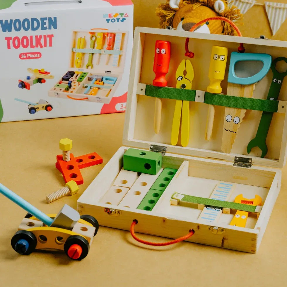 NESTA TOYS - Wooden Tool Kit Set with Tool Box | Pretend Play Portable Construction Tools Kit Toys for Kids
