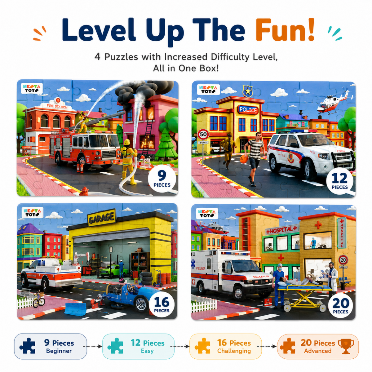 4 in 1 Jigsaw Puzzle - Emergency Vehicles (9 Pcs - 20 Pcs) - NESTA TOYS