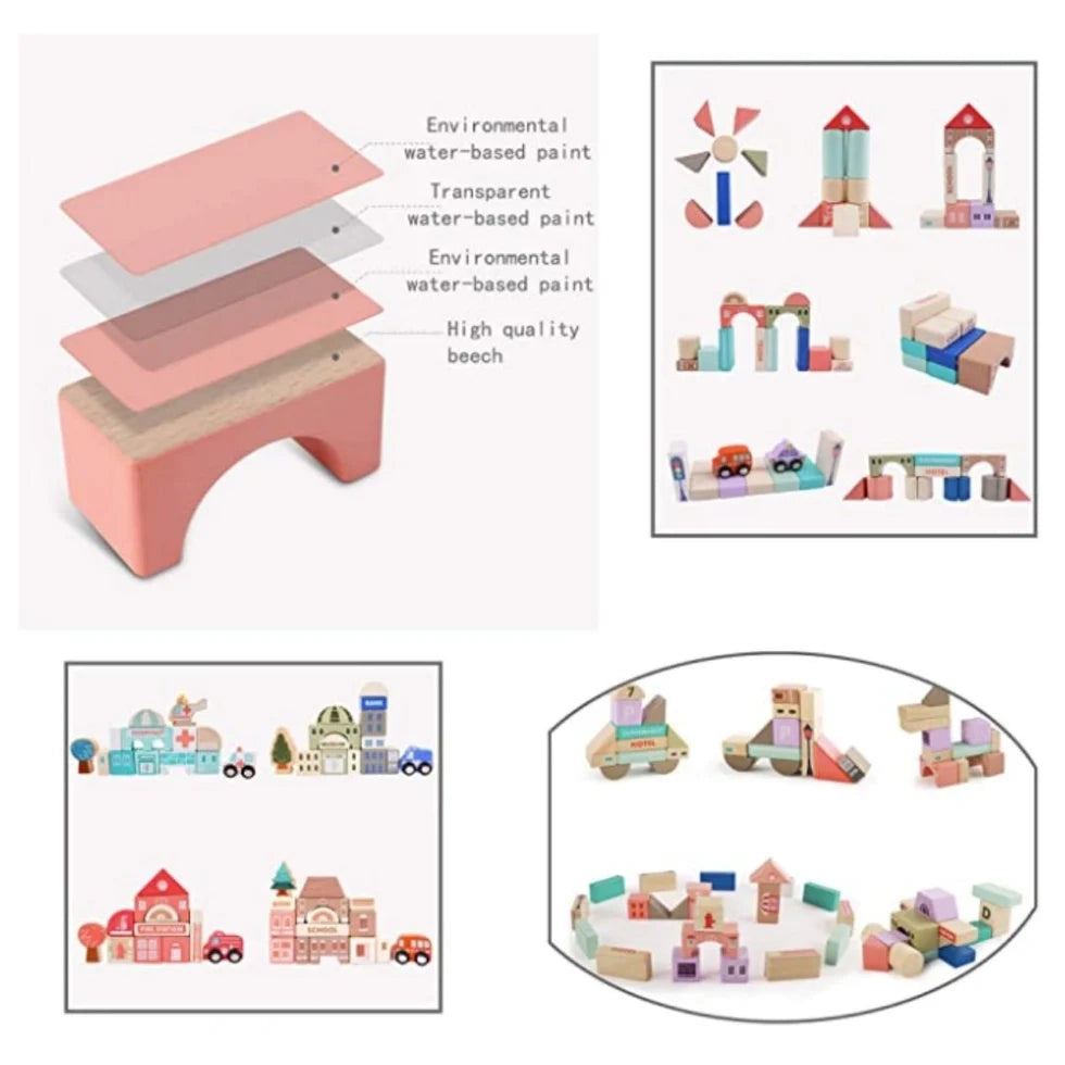 NESTA TOYS - 115 Pieces Wooden City Building Blocks | Stacking Educational Toys