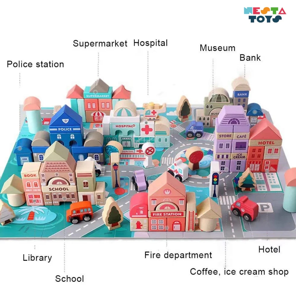 NESTA TOYS - 115 Pieces Wooden City Building Blocks | Stacking Educational Toys