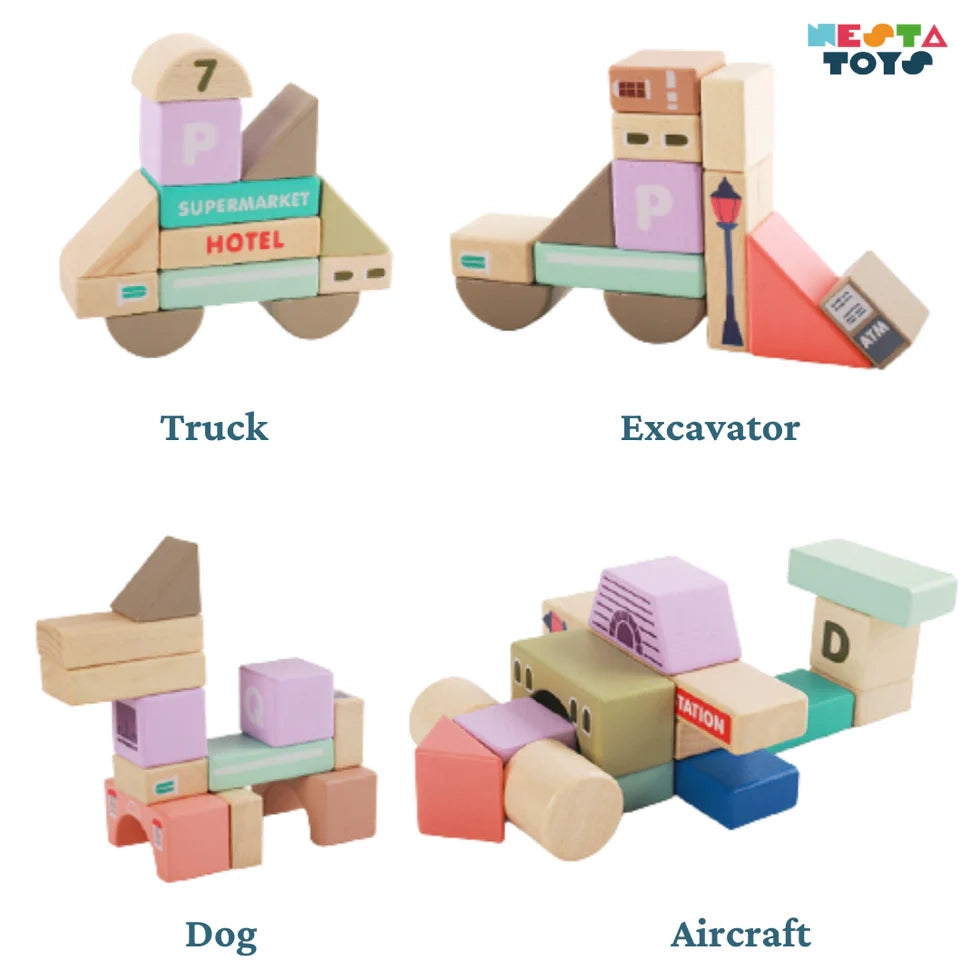 NESTA TOYS - 115 Pieces Wooden City Building Blocks | Stacking Educational Toys