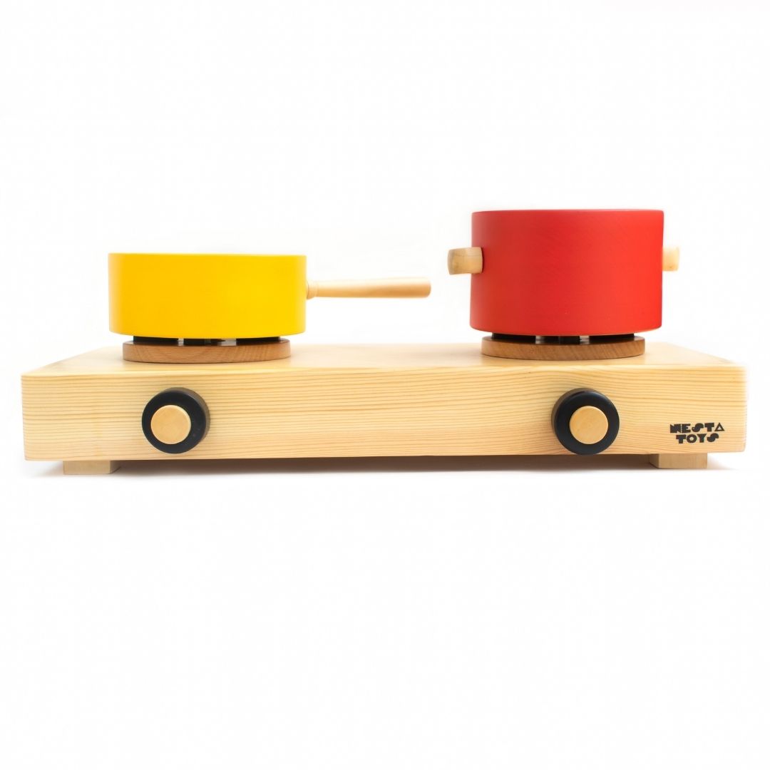 Wooden Gas Stove and Cooking Set Toy (10 Pcs) - nestatoys