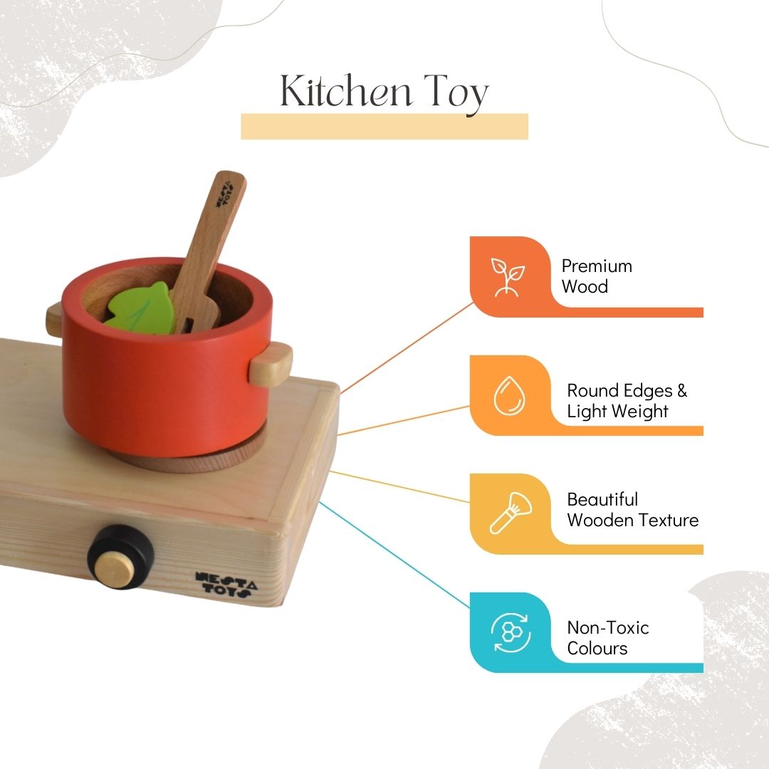 Wooden Gas Stove and Cooking Set Toy (10 Pcs) - nestatoys