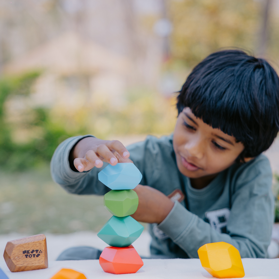 Wooden Stone Balancing Blocks | Rainbow Stacking Sensory Toy (8 Pcs) - nestatoys