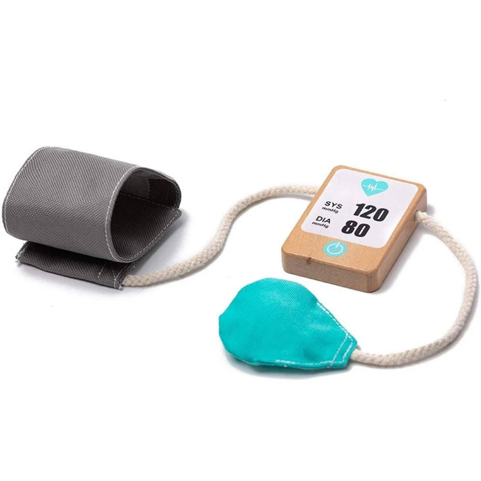 Wooden doctor toy set with medical tools crafted from durable wood using water-based child-safe paints