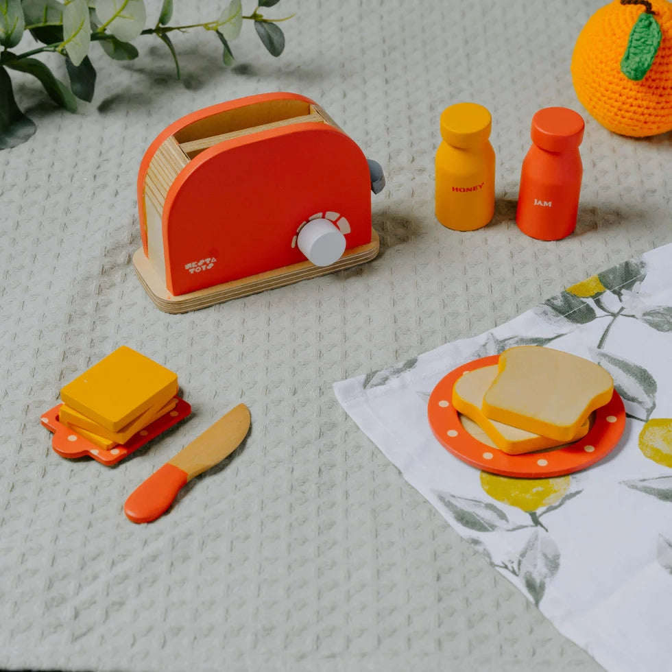 Wooden bread pop-up toaster toy for kids made with birch ply and beech wood for safe pretend play