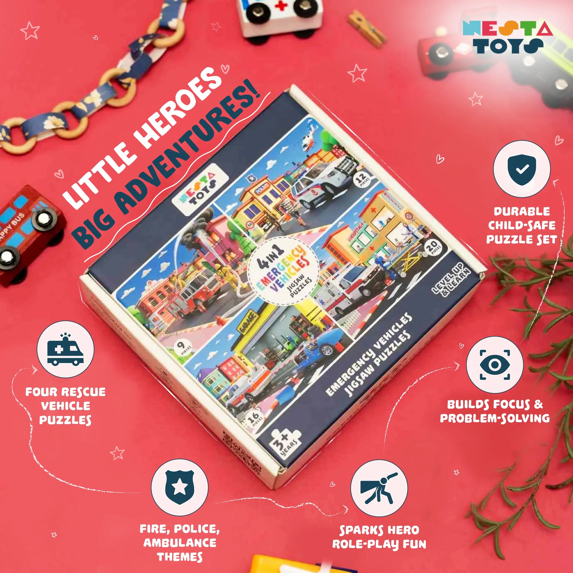 NESTA TOYS - Floor Puzzle & Game | 4 in 1 Jigsaw Puzzle | Emergency Vehicles (9 Pcs,12 Pcs, 16 Pcs, 20 Pcs)
