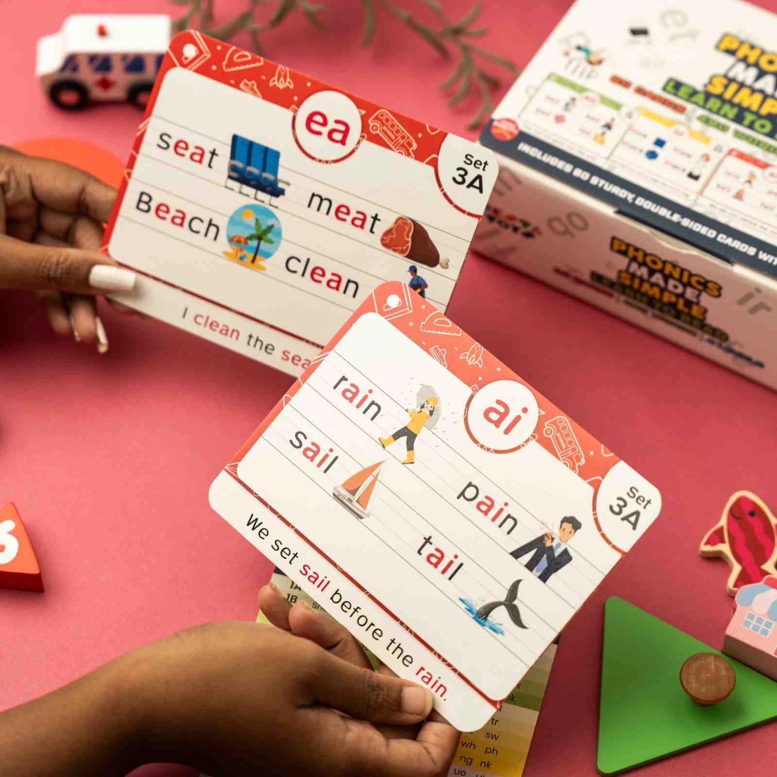 Large phonics flash cards by NESTA TOYS covering digraphs CVC blends and long vowel sounds for early reading