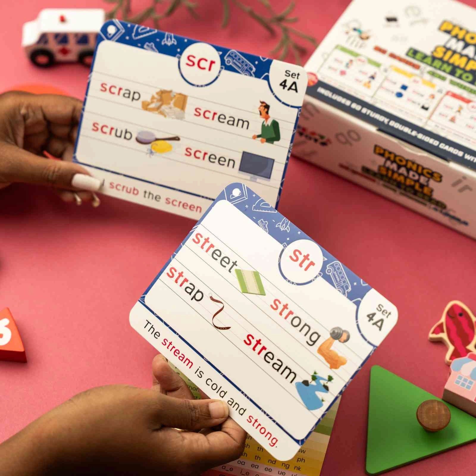 Large phonics flash cards by NESTA TOYS covering digraphs CVC blends and long vowel sounds for early reading