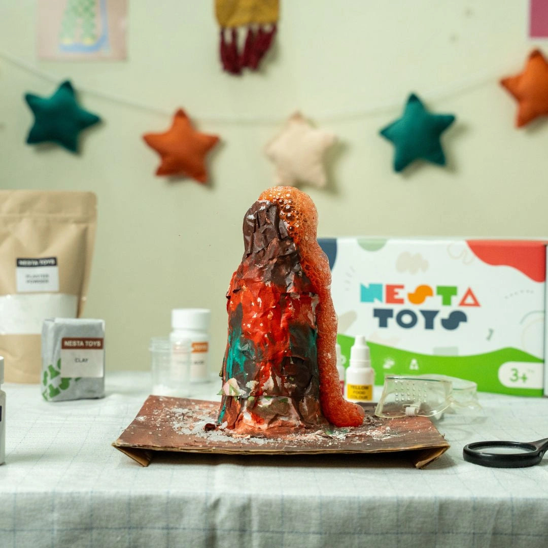 Hands-on STEM volcano science kit with clay, plaster, and safe powders