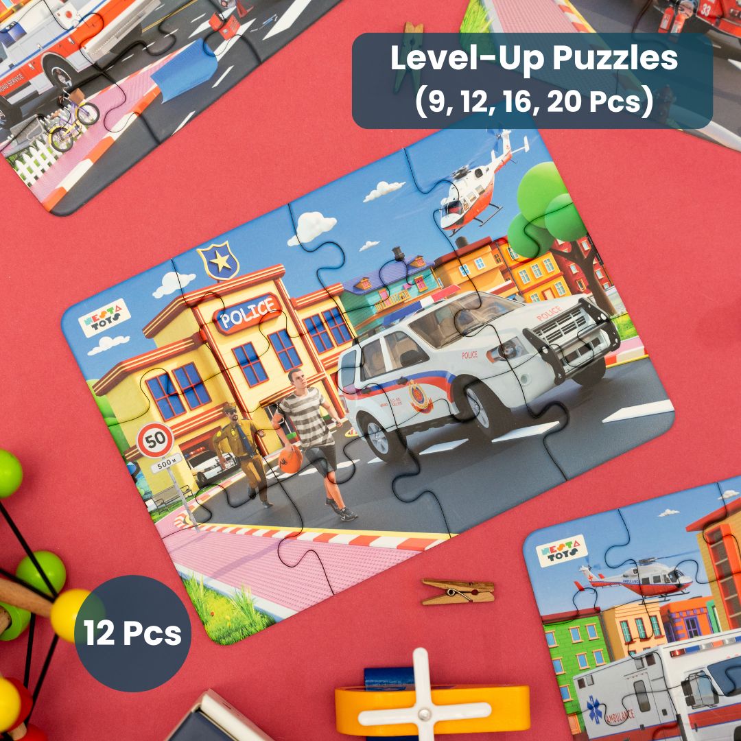 NESTA TOYS emergency vehicles 4 in 1 floor jigsaw puzzle with 9, 12, 16 and 20 pieces for kids
