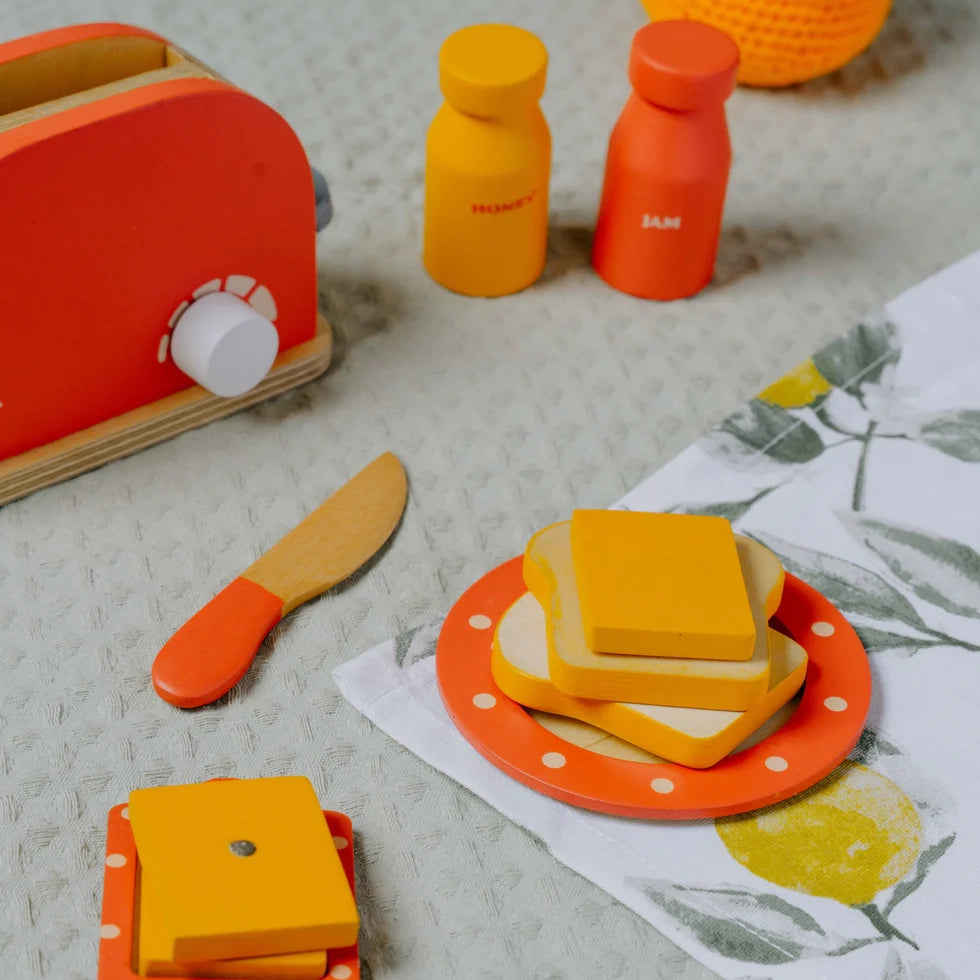 Kids wooden toaster kitchen toy encouraging creative role play and fine motor skill development