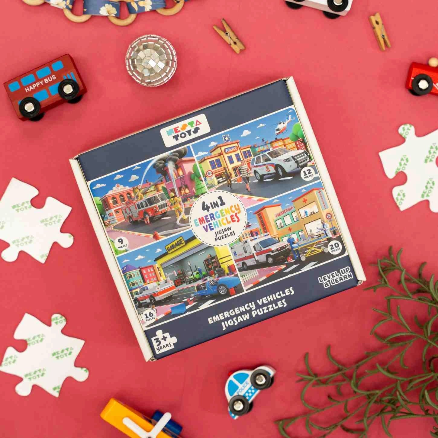 NESTA TOYS emergency vehicles 4 in 1 floor jigsaw puzzle with 9, 12, 16 and 20 pieces for kids