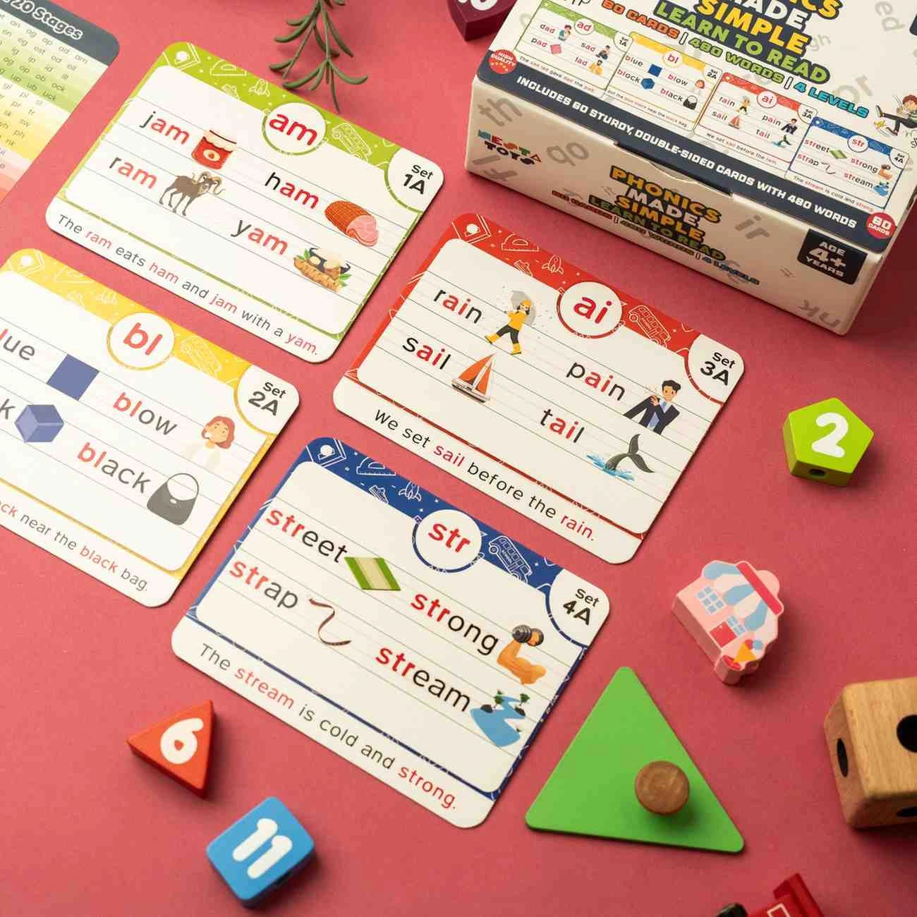 Large phonics flash cards by NESTA TOYS covering digraphs CVC blends and long vowel sounds for early reading