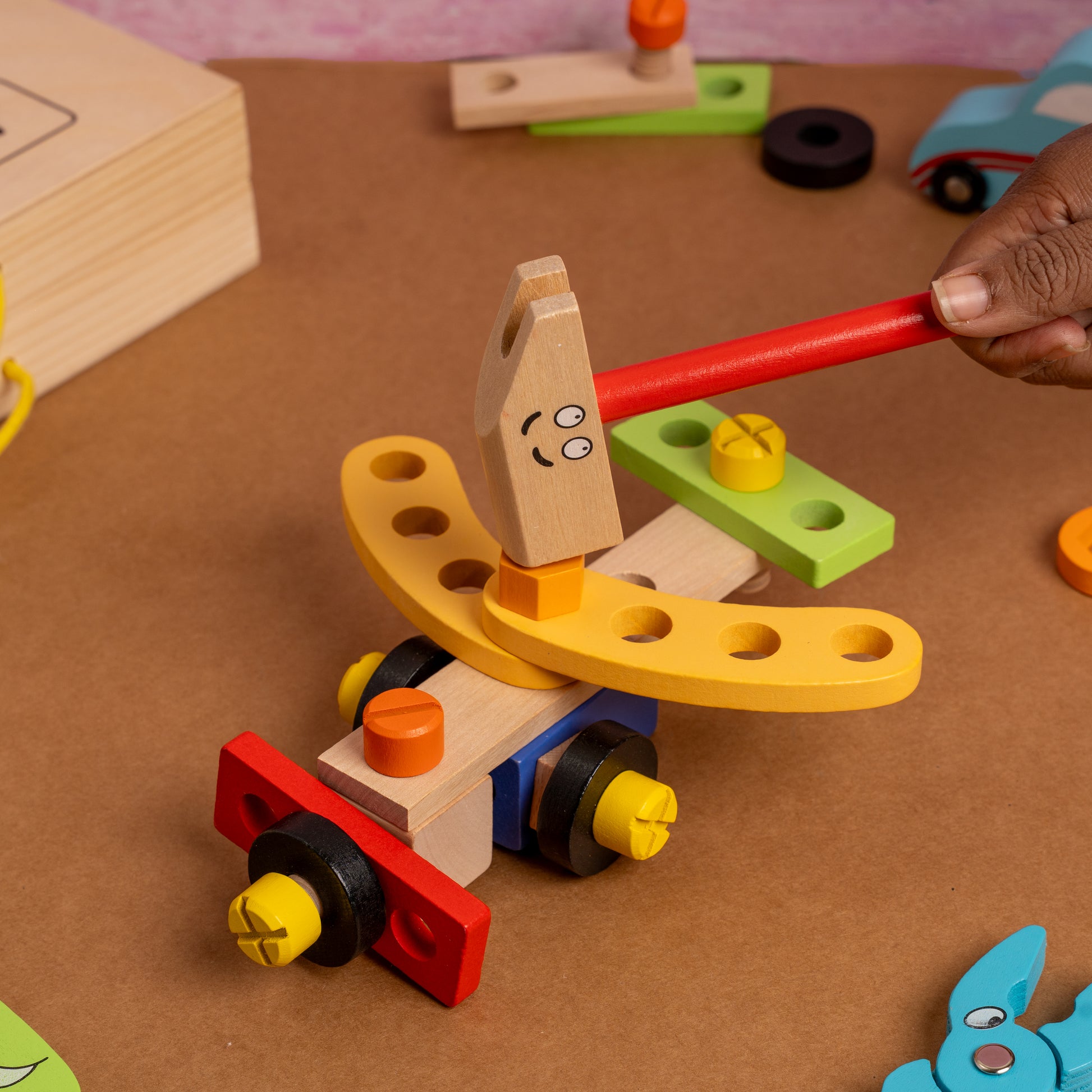 Wooden tool kit toy for kids with 40 pieces including hammer, screwdriver, and wrench