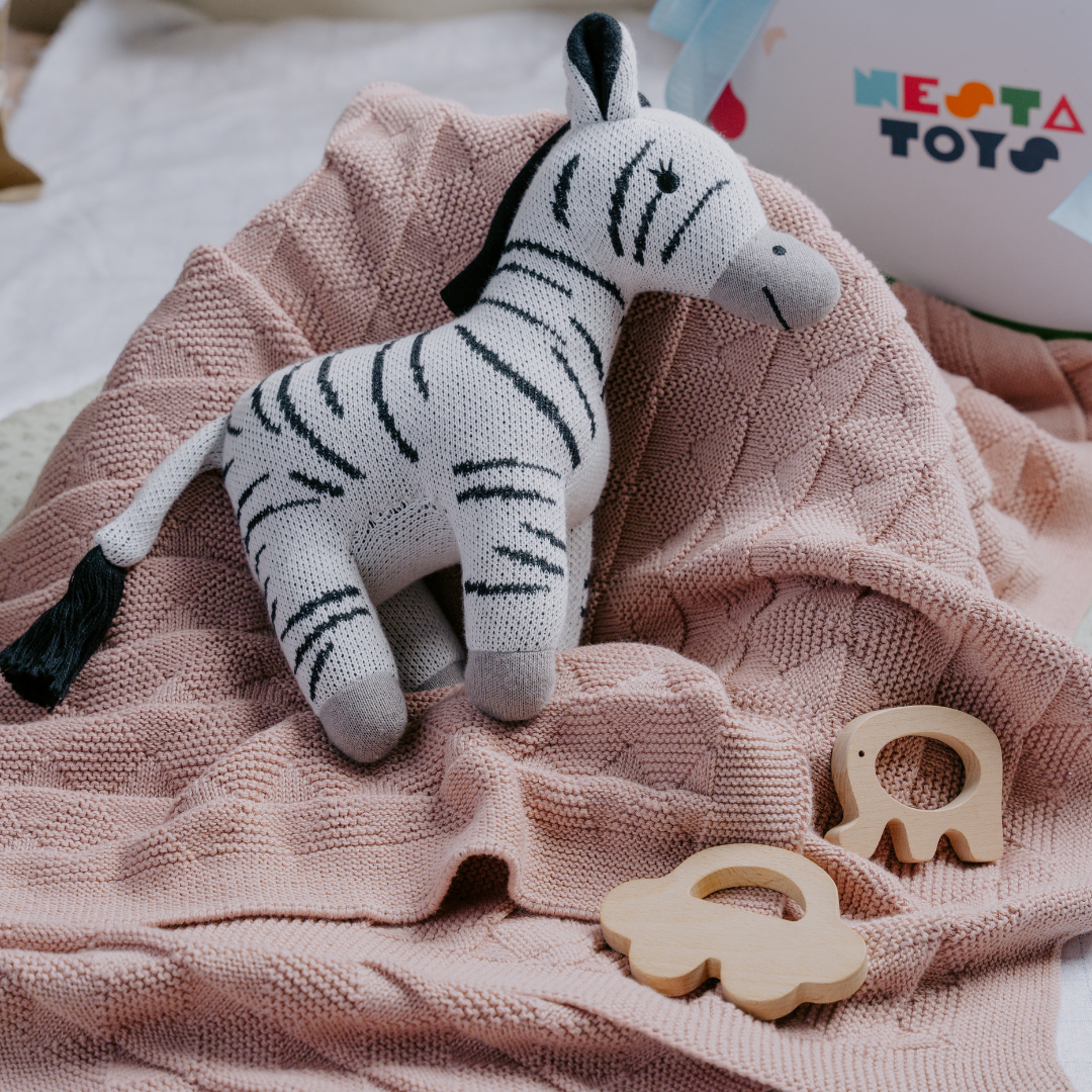 Newborn Gift Set – Swaddle, Zebra Plush Toy & Wooden Teethers - nestatoys