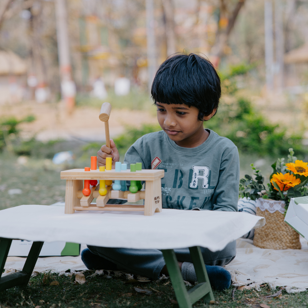 NESTA TOYS wooden pounding bench toy with hammer made from birch ply and beech wood for safe motor skill play