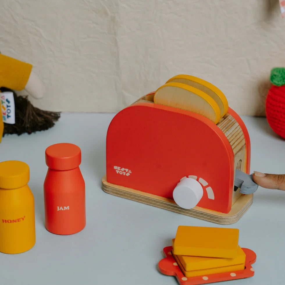Wooden bread pop-up toaster toy for kids made with birch ply and beech wood for safe pretend play