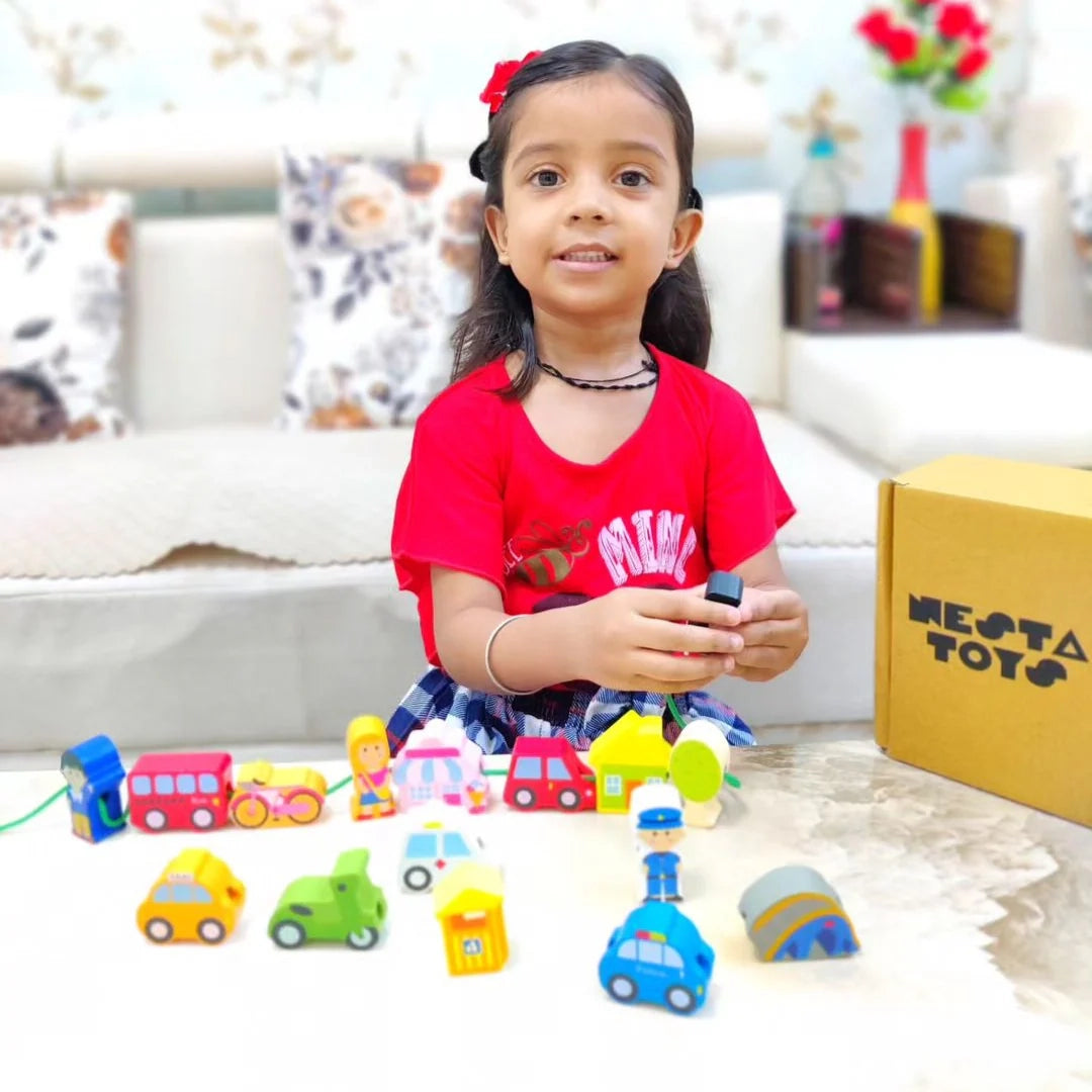 NESTA TOYS 16-Piece Wooden City Traffic Blocks – Stackable Montessori Toy for Kids 3+ Years