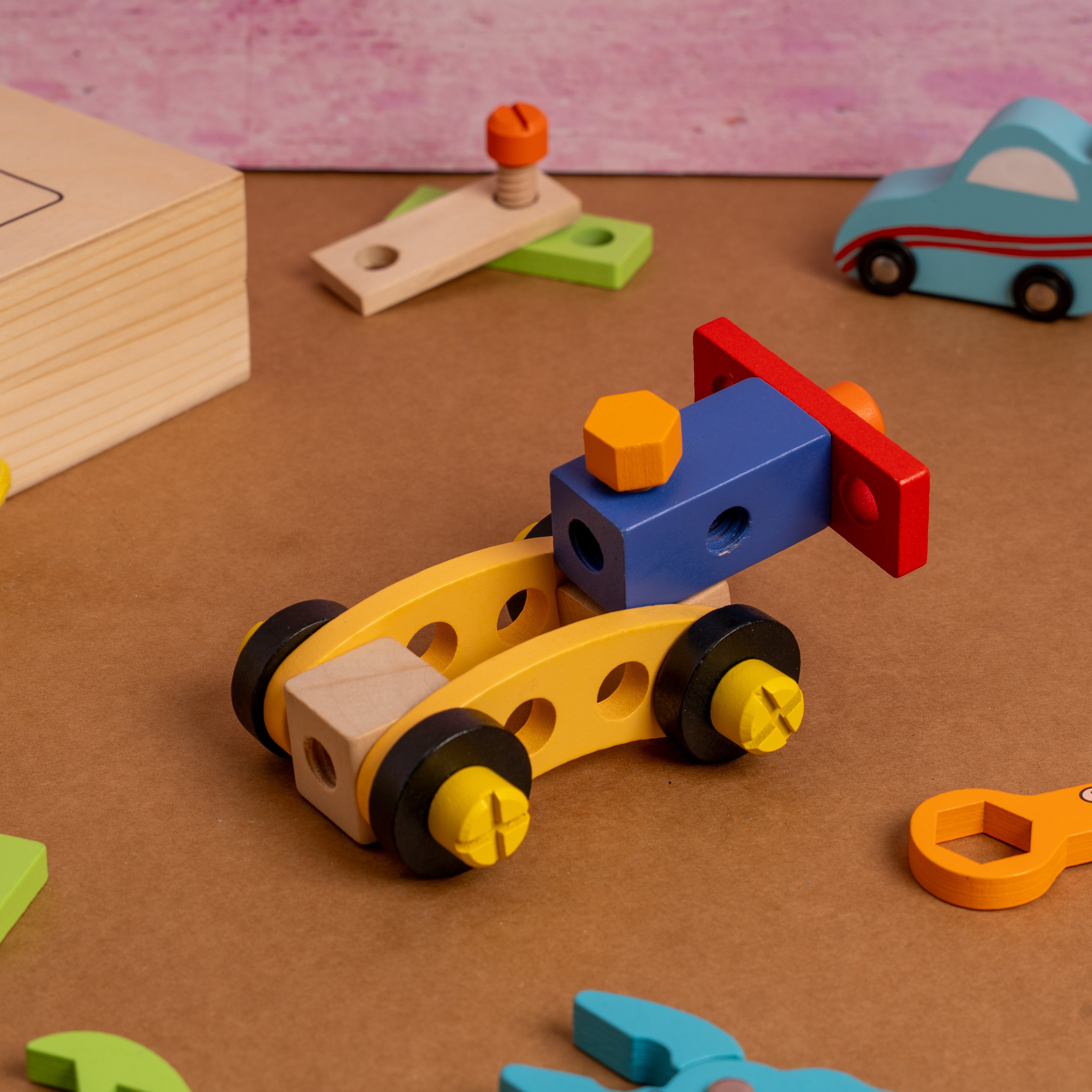 Wooden tool kit toy for kids with 40 pieces including hammer, screwdriver, and wrench