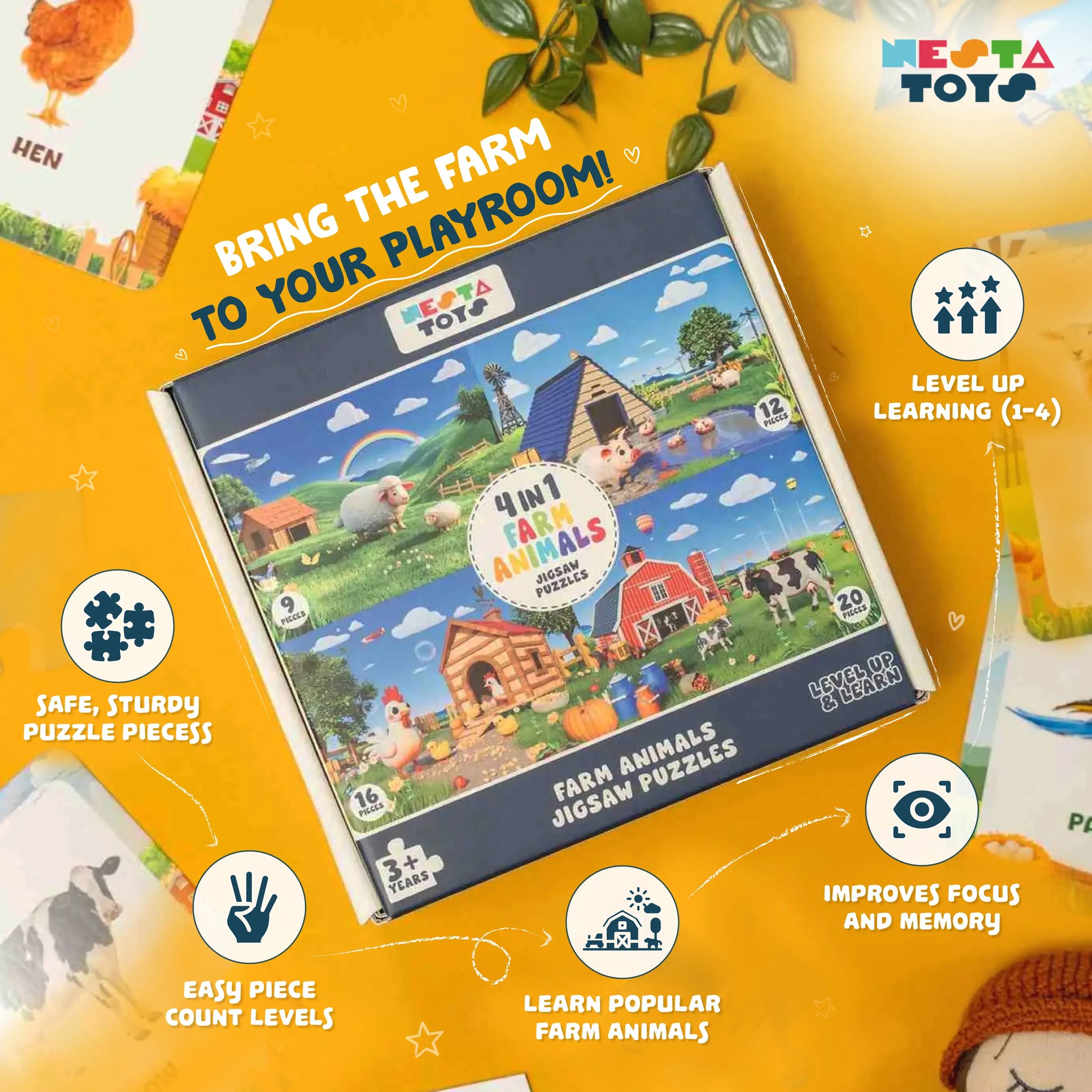 NESTA TOYS - Floor Puzzle & Game | 4 in 1 Jigsaw Puzzle | Farm Animals (9 Pcs,12 Pcs, 16 Pcs, 20 Pcs)